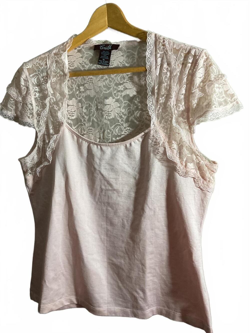 Camille Lavie Women's Pink Silk Cotton Blend Lace Trim Top XL